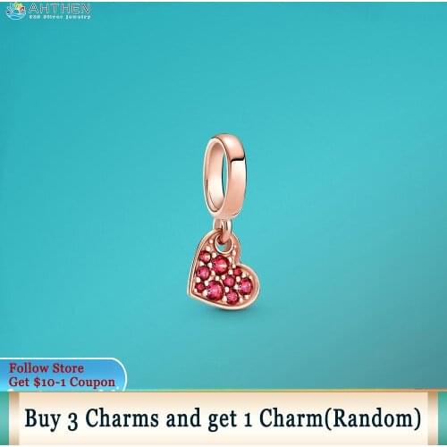 Ahthen 925 Sterling Silver Bead Red Pavé Tilted Heart Dangle Charm fit Original Pandora Bracelets Women Jewelry Making Girl Gift