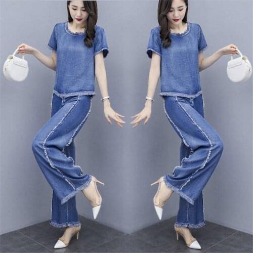 Tracksuit For Women 2019 Summer New Womens Loose Large Size Crop Tops+Denim Pants Suit Female Plus Size Fashion Two Piece Sets