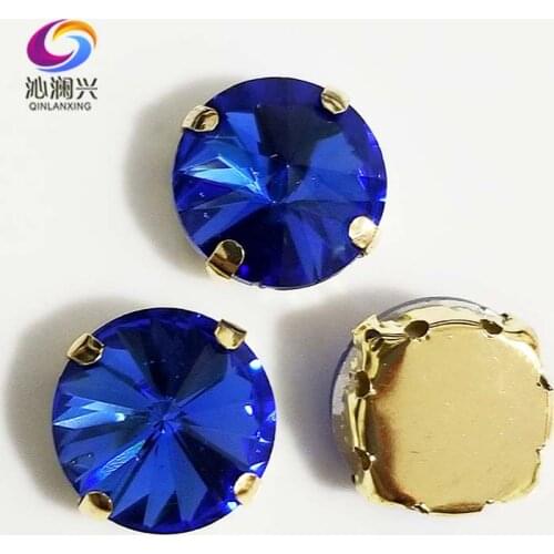 Light blue round shape golden bottom AAA Glass Crystal sew on claw rhinestones with holes,Diy Clothing accessories SWRG11