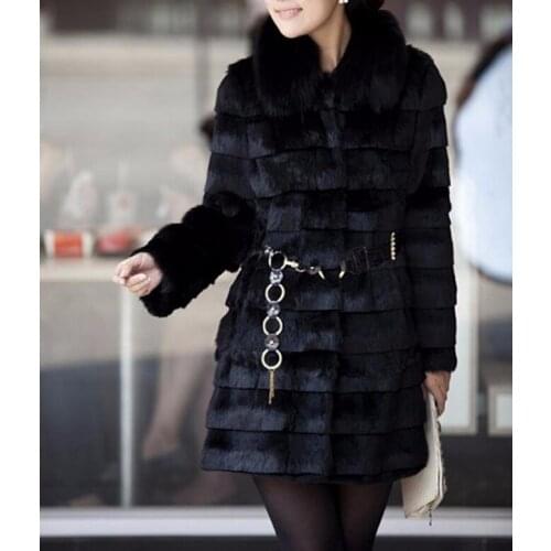 Real natural genuine full pelt rabbit fur coat with fox fur collar women long fashion whole skin fur Stripe jacket waistcoats