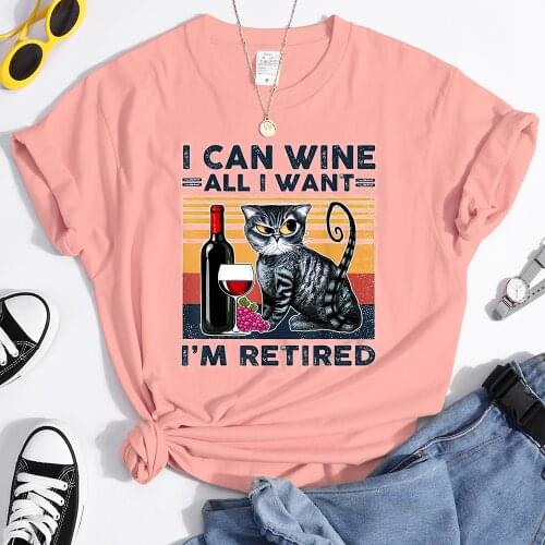 Cat Drinking Wineprint Womans Tshirt Summer Comfortable T Shirt Oversize Breathable Tees Shirts Vintage Loose Woman T-shirt