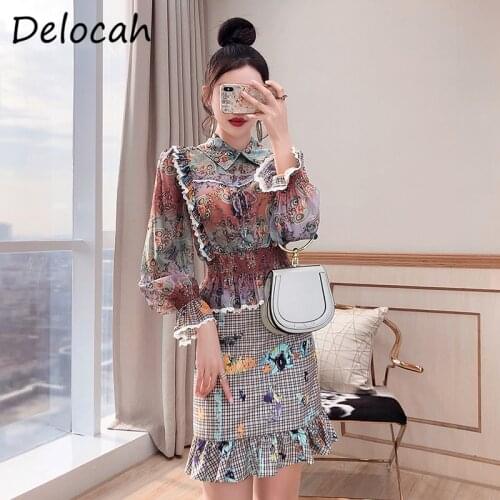 Delocah Women 2021 New Spring Fashion Runway 2 Pieces Set Lantern Sleeve Lace Loose Tops + High Waist Printed Mermaid Skirts