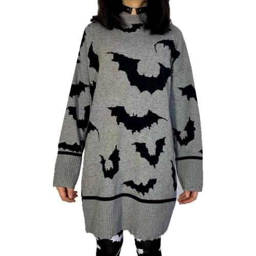 Lady Cool Long Contrast Color Goth O Neck Knitted Ripped Top Women Gothic Bat Dark Gray Pullover Sweater Dress 2021 Thick Winter