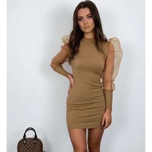 Womens Round Neck Dress Puff Mesh Long Sleeve Bodycon Pencil Dress Party Night Elegant Solid Color Stretch Mini Dresses