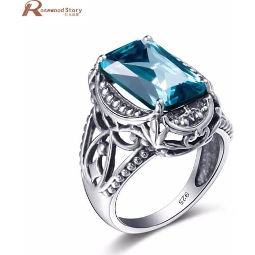 Fashion Womens Vintage Luxury Big Ring Soild 925 Sterling Silver Created Aquamarine Crystal Birthstone Ring For Women Party