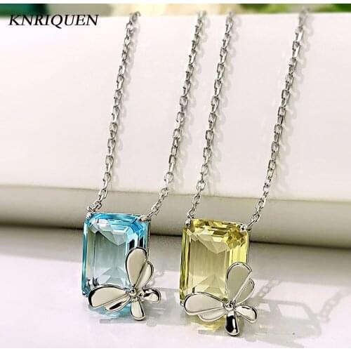 2021 New 925 Sterling Silver 10*14mm Aquamarine Stone Topaz Crystal Gemstone Butterfly Pendant Necklace Fine Jewelry for Women
