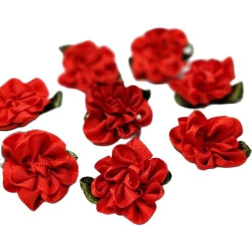 HL 30pcs With Leaf Red Ribbon Flowers Handmade Appliques Head Garment Wedding Decoration DIY Sewing Accessories A987