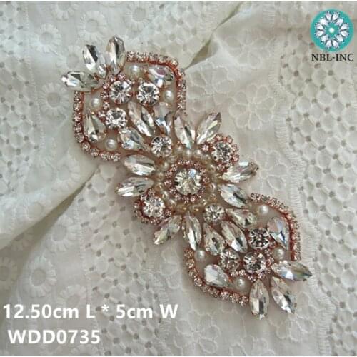 30PCS )Wholesale hand beaded sewing rose gold crystal rhinestone applique iron on for wedding dresses WDD0735