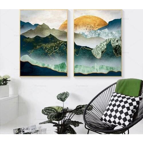 Abstract Landscape Wall Art Canvas Painting Mountain Sunset Swallow Posters and Prins Nordic Wall Picture Living Room Decoration