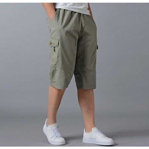 Mens Casual Pants Cotton Elastics waist Below Knee Cargo Shorts with 6 Pockets Big & Tall summer work trousers Loose Straight