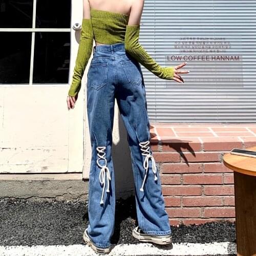 Spot Chinese new womens pants personality fashion design sense pant leg tie strap high waist loose jeans Harlan pants