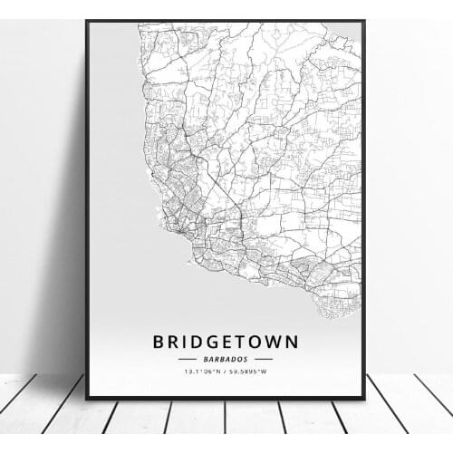 Black and White Brldgetown Barbados Latitude Longitude Canvas Art Map Poster