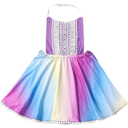 2021 2-7Y Kids Baby Girl Sweet Dress Summer Holiday Gradient Color Sleeveless Lace Tassels Halter Backless A-line Dress