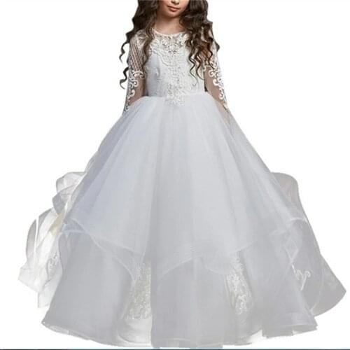 Elegant White Flower Girl Dress Long Sleeve Lace Applique Wedding Fluffy Tulle Ball Gown Holy Communion Pageant Party Dresses