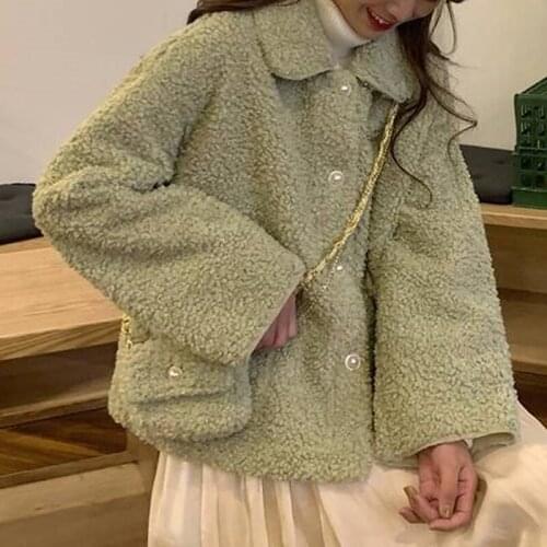 Elegant Women Coat Winter Warm Plush Turn Down Jacket Soft Button Pockets Sweet Girls Coat Ladies Casual Outerwear