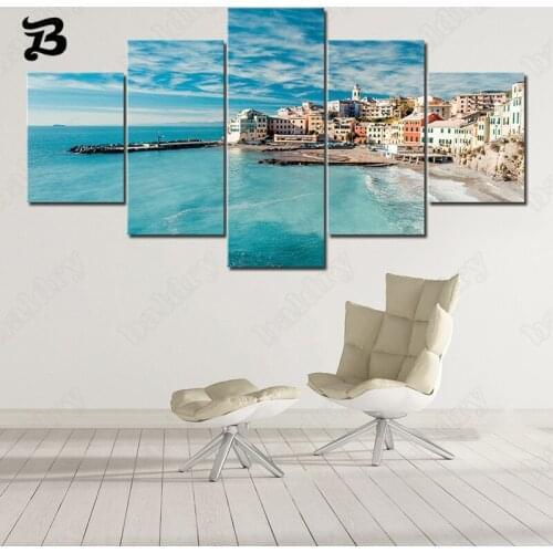 Canvas Painting 5 Pieces Wall Art Canvas Posters Prints Seaside Blue Sky Sunrise Beach Landscape Natural Scenery for Room Decor