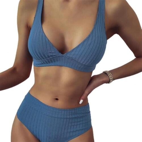 Bikini Set Solid Color Deep V Neck Two Pieces Set Women Ribbed Bra Briefs Swimwear for Summer купальники женские 2021