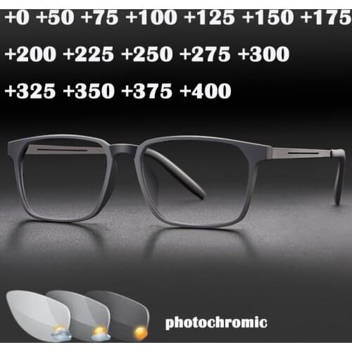Ultralight Transition Reading Glasses Photochromic Outdoor Optical Hyperopia Reader Glasses Men Full Frame Titanium Blue +175