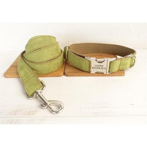 Personalized Pet Collar Customized Nameplate ID Tag Adjustable Soft Green Brown Suede Fabric Cat Dog Collars Lead Leash Set