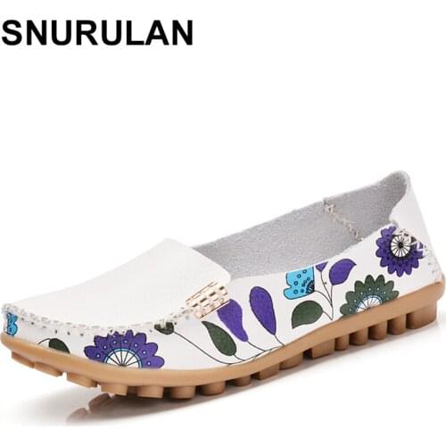 SNURULAN Autumn women flats genuine leather shoes slip on ballet flats women flats print woman shoes moccasins loafers shoesE186