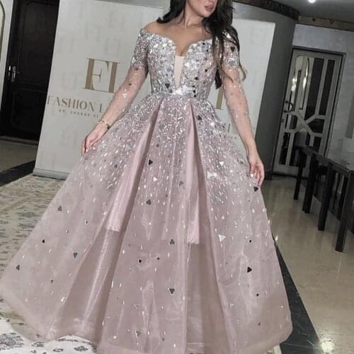 SuperKimJo Crystals Prom Dress Ball Gown Long Sleeve Deep V Neck Beaded Pink Prom Gown Vestidos De Formatura