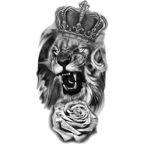 Waterproof Temporary Tattoo Sticker Black Lion King Crown Rose Flower Totem Fake Tattoos Flash Tatoos Arm Body Art for Women Men
