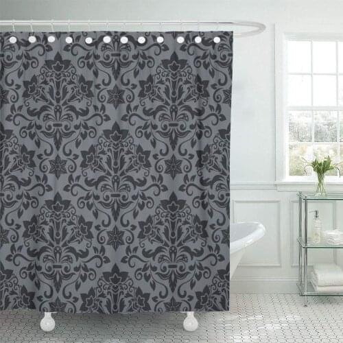 Shower Curtain Gray Royal Dark Grey and Black Damask Vintage Pattern Antique Baroque Expensive Floral