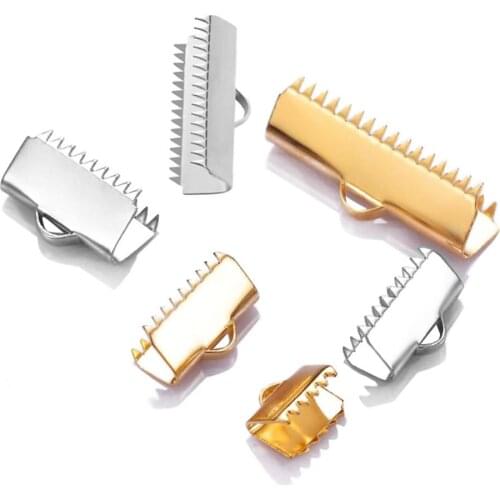 20pcs 2 Colors Stainless Steel Ribbon Clip Clamp Cord Crimp End Cap Tip Necklace Bracelet Connector Findings with Teeth 6 Size
