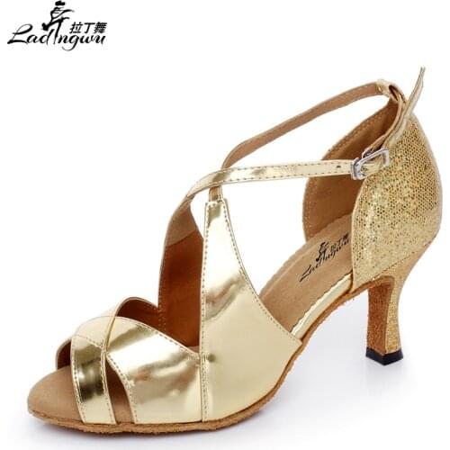 Golden PU Silver Flash Cloth Women Ballroom Shoes Performance Party Dance Shoes Samba Latin Dance Shoes