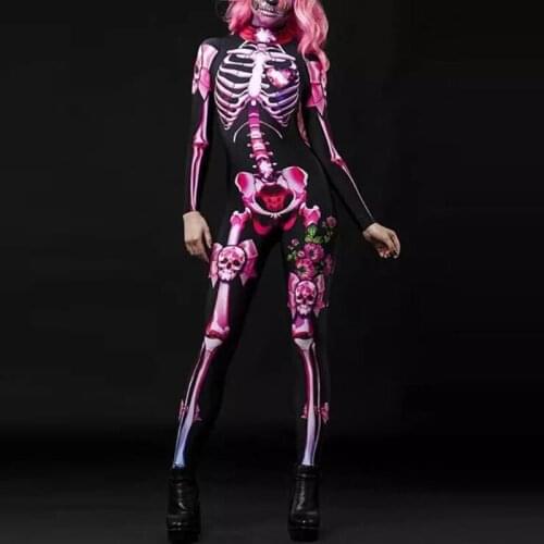 Halloween Skull Skeleton Print Jumpsuit Women Retro Turtleneck Long Sleeve Female Overalls Spring Autumn One Piece Rompers Mujer