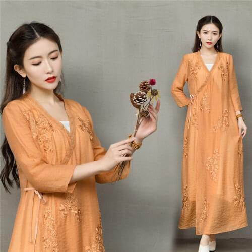 Ethnic Style Retro Embroidered Dress 2021 New Orange Improved Cheongsam Dress V-neck Lace-up Loose Plus Size Femme Robe aq597