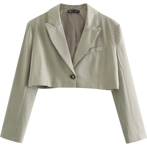 ZXQJ Women 2021 Fashion Single Button Linen Cropped Blazer Vintage Shorts Sleeve Female Outerwear Chic Veste Femme
