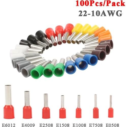 100pcs/Pack E0508 E7508 E1008 E1508 E2508 Insulated Ferrules Terminal Block Cord End Wire Connector Electrical Crimp Terminator