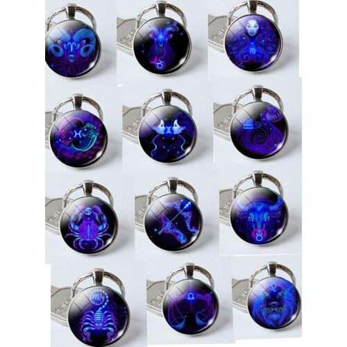 12PCS Leo Virgo 12 Constellation Key Chains Glass Cabochon Pendant Zodiac Sign Key Rings Silver Plated Bag Pendant Keychains