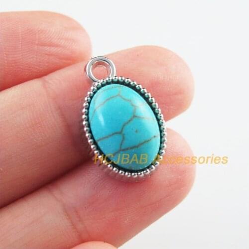 20Pcs Dull Silver Plated Retro Simple Oval Stone Charms Pendants 13x21mm