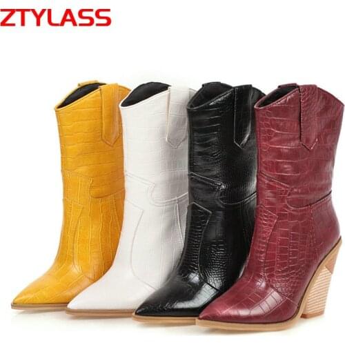 2021 Autumn Women Boots Pu Leather Wedge High Heel Ankle Boots Pointed Toe Winter Cowboy Boots Fashion Western Boots Black White