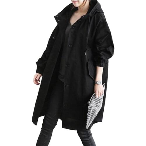 2019 Spring Autumn Trench Coat Women Hooded Tops Cotton Thin Coats Female Single-breasted Large size Windbreaker No Lining A2463