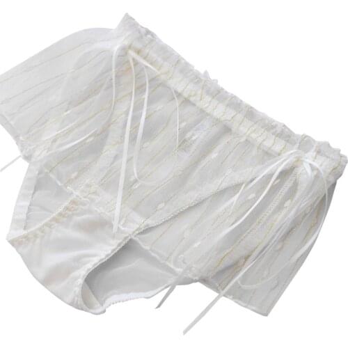 40GC Japanese Women Sexy Sheer Mesh Panties Low Rise Ruffles Lace Shiny Stripes Briefs Underwear Lolita Princess Bow Lingerie