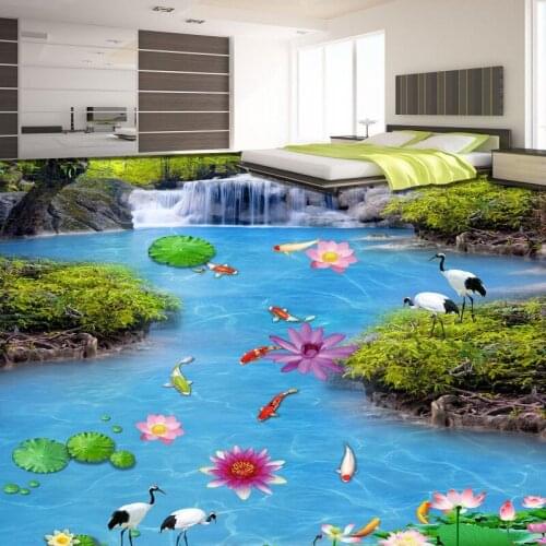 Free Shipping Bathroom kitchen decoration Beautiful water nine fish Figure 3D lotus flowers waterproof floor wallpaper mural