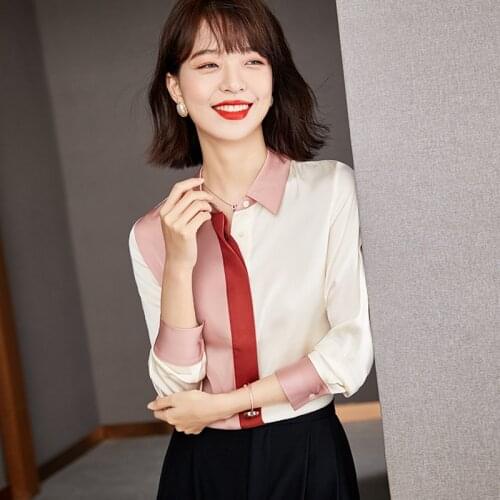 Autumn Fashion Women Stitching Color Silk Blouses Shirts Elegant Female Slim Long Sleeve Shirt Tops Blusa