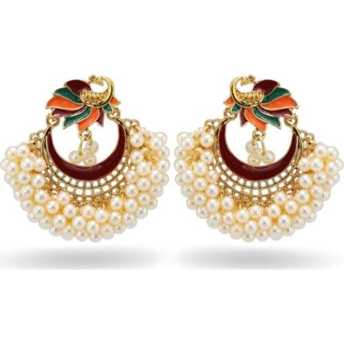 Bollywood Ethnic Bridal Bride Kundan Earrings Peacock Pearls Jhumka Jhumki Indian Bahubali Drop Earrings Fashion Jewelry