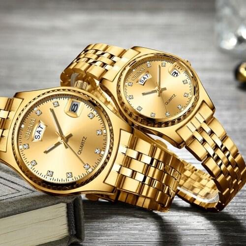 High Quality Luxury Couple Watches Pair Men And Women Stainless Steel Waterproof Date Quartz Gold Watches For Lovers Gift