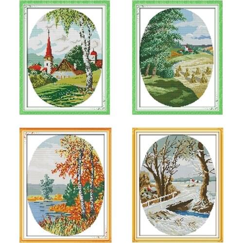 Four seasons in the countryside, DMC cross stitch, Chinese cross stitch set, 14ct 11ct canvas DIY embroidery set, needlework