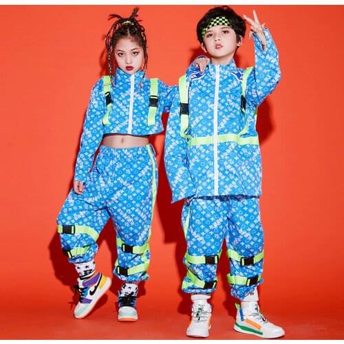 Kids Hip hop Costume Girls Jazz Dance Tops Pants Blue Set Loose Street Dance Clothing For Boys Show Stage Outfit Wear BL5128