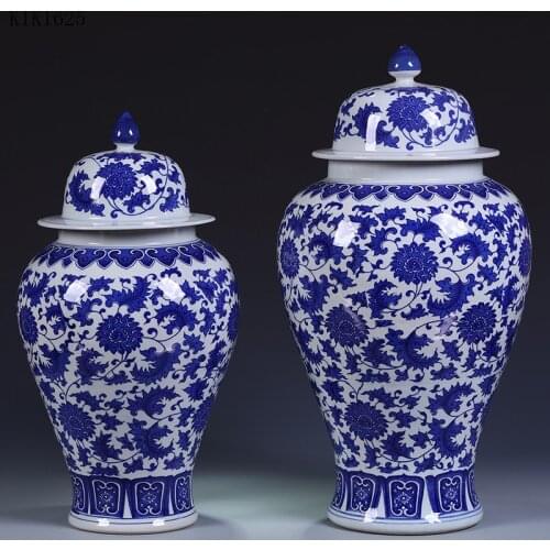 Classical Embossed Blue Flower Ceramic General Jar with Lid Flower Arrangement Dried Flower Vase Crafts Large Sealed Storage Jar