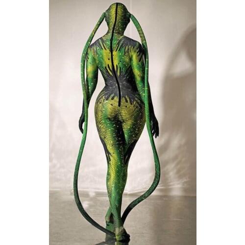 All-season spandex material free size nightclub bar men and women Halloween cosplay fake exposed flesh fly print tail jumpsuit c