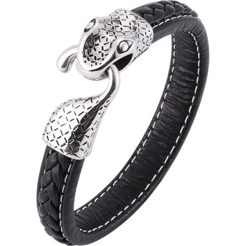 Latest Popular Leather Bracelet Men Charm Vintage Black Bracelet Snake Head Bangle Boyfriend Gift BB0192