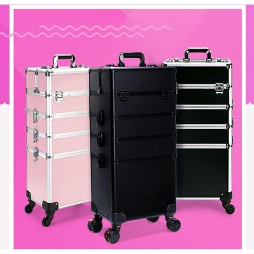 Professional Makeup Suitcase Wheels Large Capacity Cosmetology Manicure Cosmetic Box Folding Rolling Storage Rotating Organizer