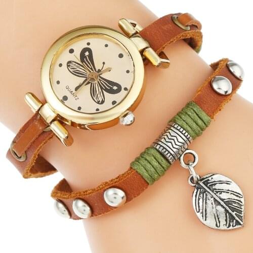 Top Genuine Leather Woman Retro Golden Dragonfly Dial Wristwatch Leaf Pendant Vintage Lady Casual Watch