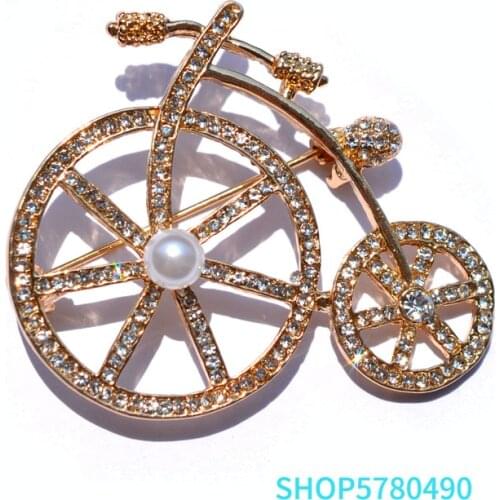 Vintage Jewelry Retro Rhinestone Bicycle-Brooches For Women Gold Color Elegant Pearl Pins Ladies Dress Garments Coats Decoration